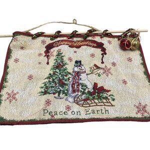vintage Hanging sign happy holidays peace on earth snowman tree sled bells READ